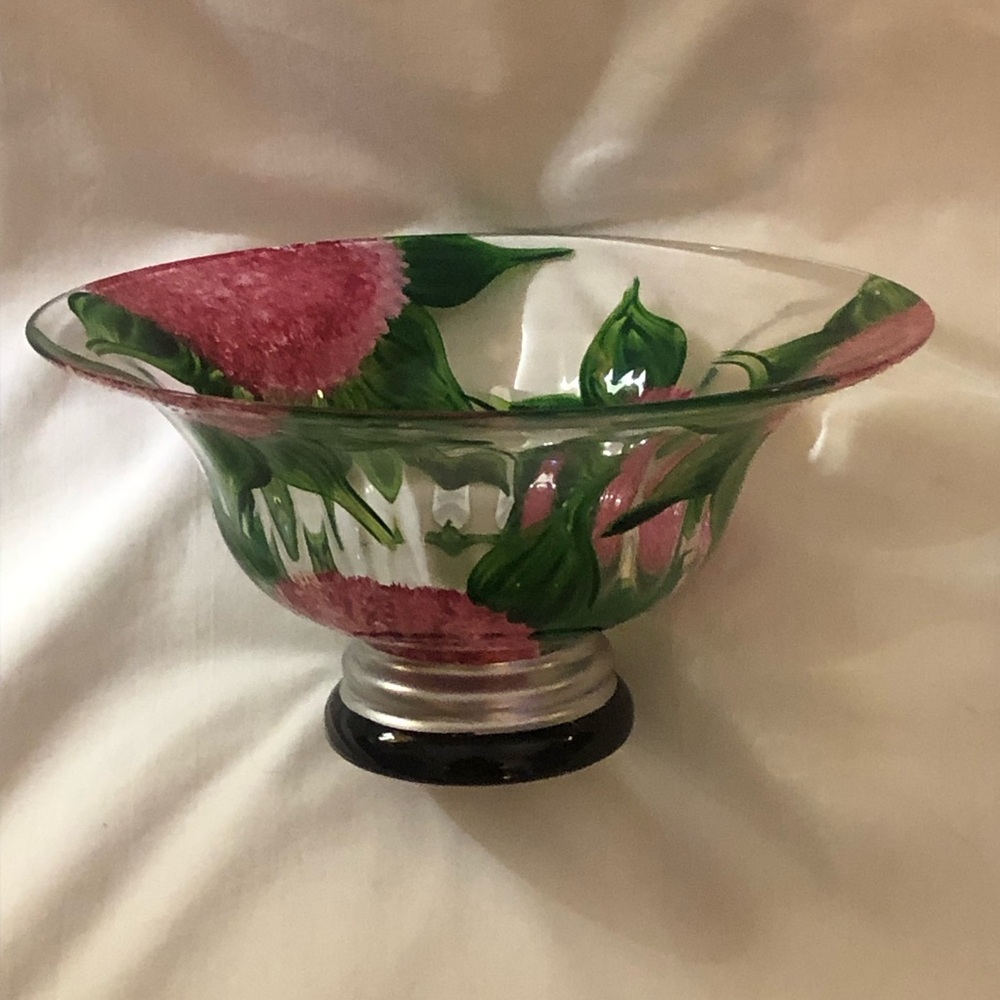 Hand-Painted Glass Decorative Bowl in Pink and Green